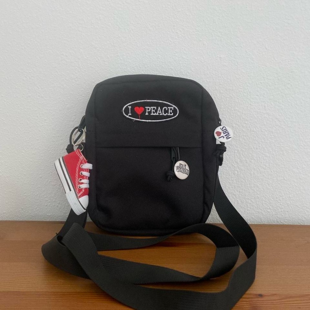 Black Crossbody Bag with Peace Patch